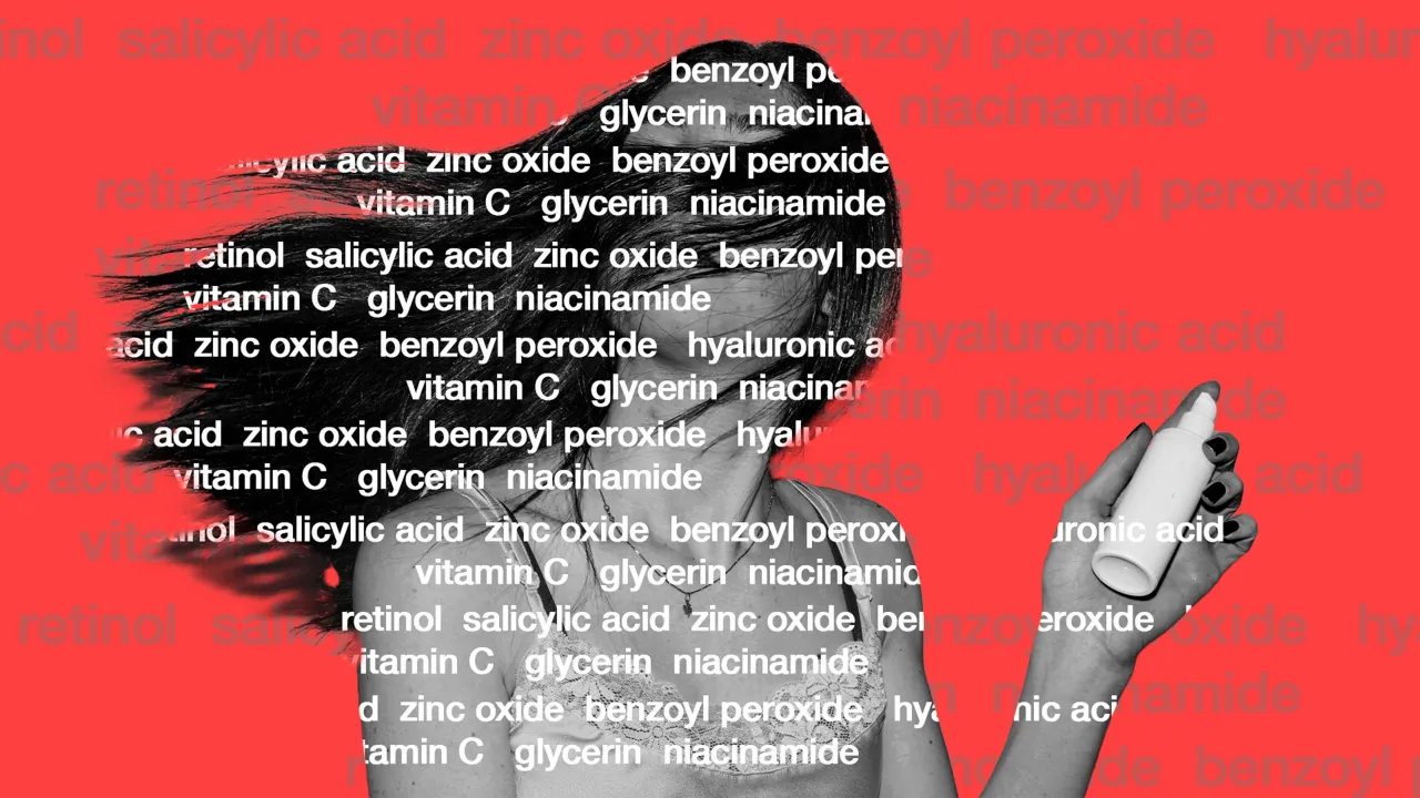  A black and white picture of a woman against a red backdrop with names of several chemical actives on top, suggestive of science washing in the beauty-industry-in-India 