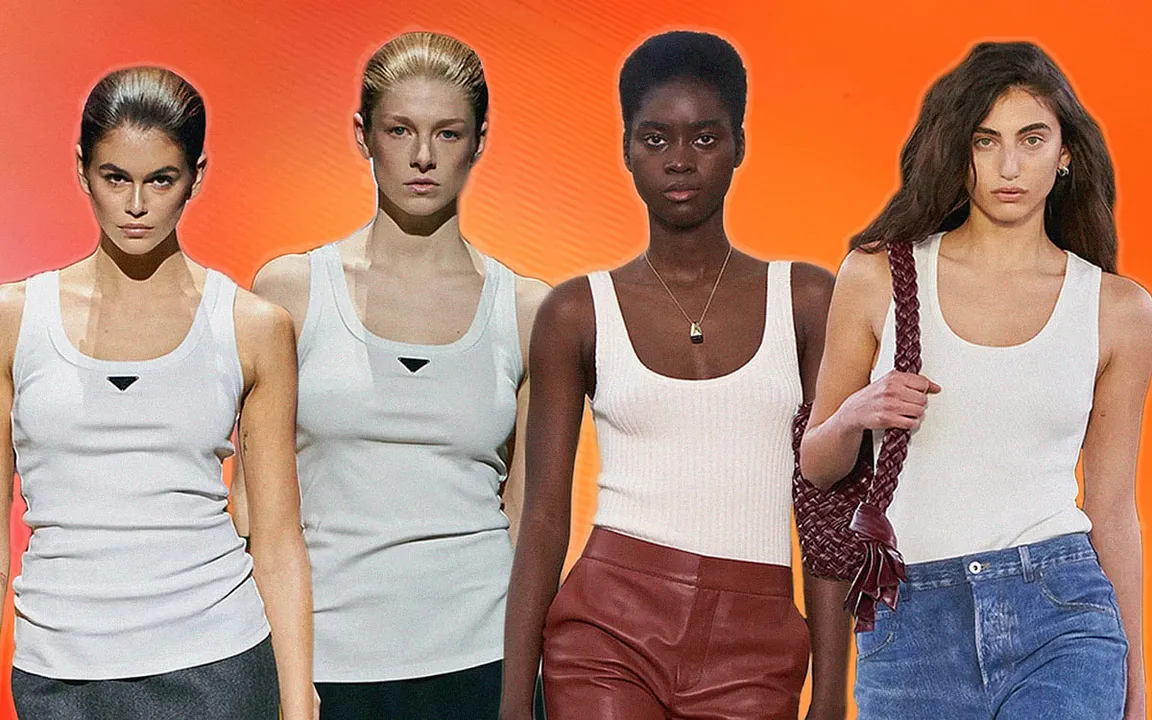 The white tank top has entered itâ€™s era of resurgence  
