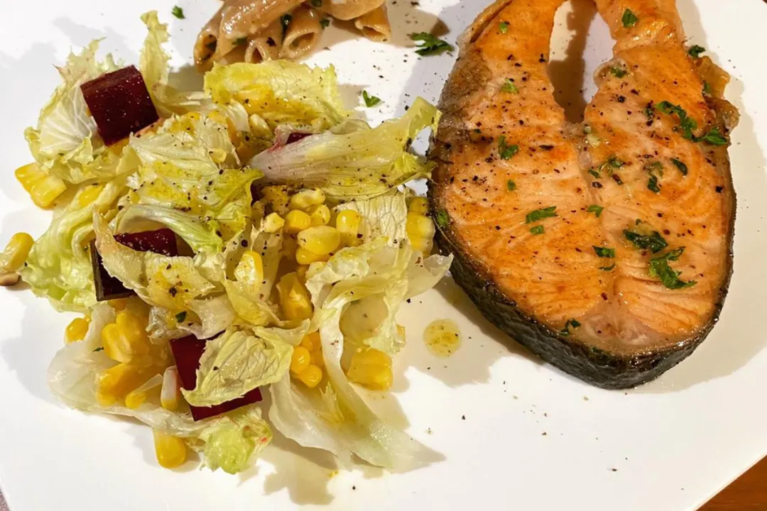 Pan Fried Salmon With Pasta And Beetroot Corn Salad