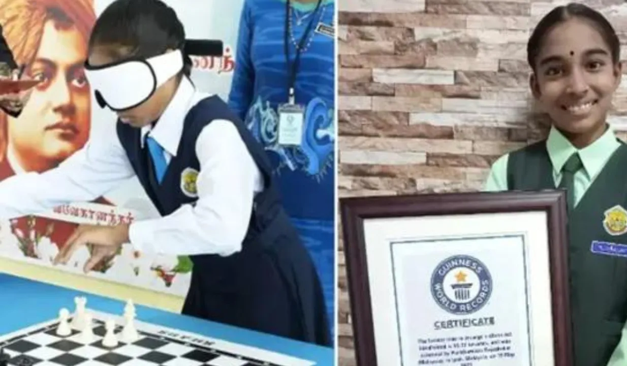 मलेशियाई लड़की ने आंखों पर पट्टी बांधकर शतरंज की अरेंजमेंट करके बनाया गिनीज रिकॉर्ड
