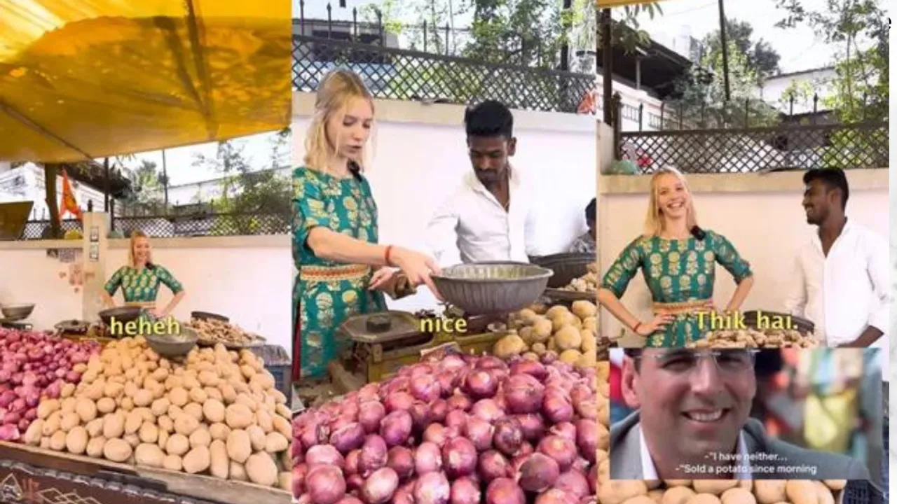Russian Girl Sells Vegetables On Indian Street