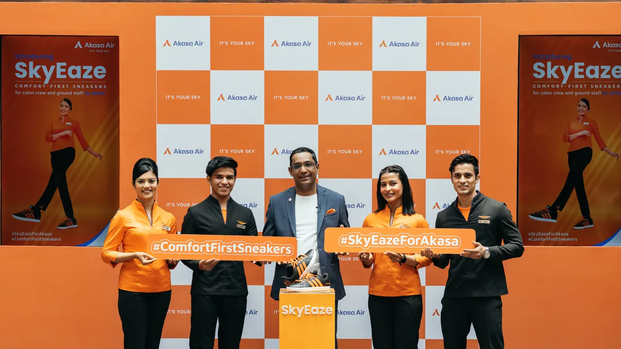 Belson Coutinho, Co-Founder and Chief Operating Officer, Akasa Air with the crew launches SkyEaze, comfort-first sneakers by adidas