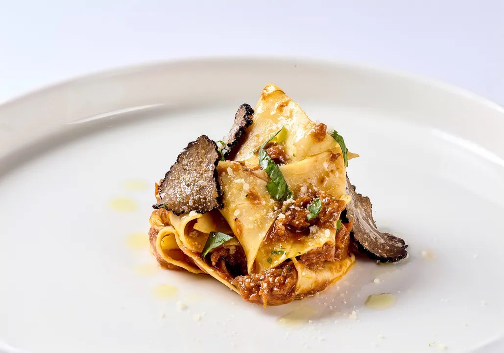 Homemade pappardelle pasta tossed with slow cooked roasted duck ragout, parmiggiano reggiano and a drizzle of truffle oil