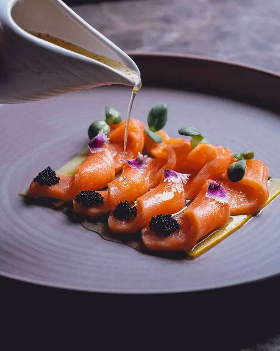 Salmon Carpaccio, Ginger Plum Glaze