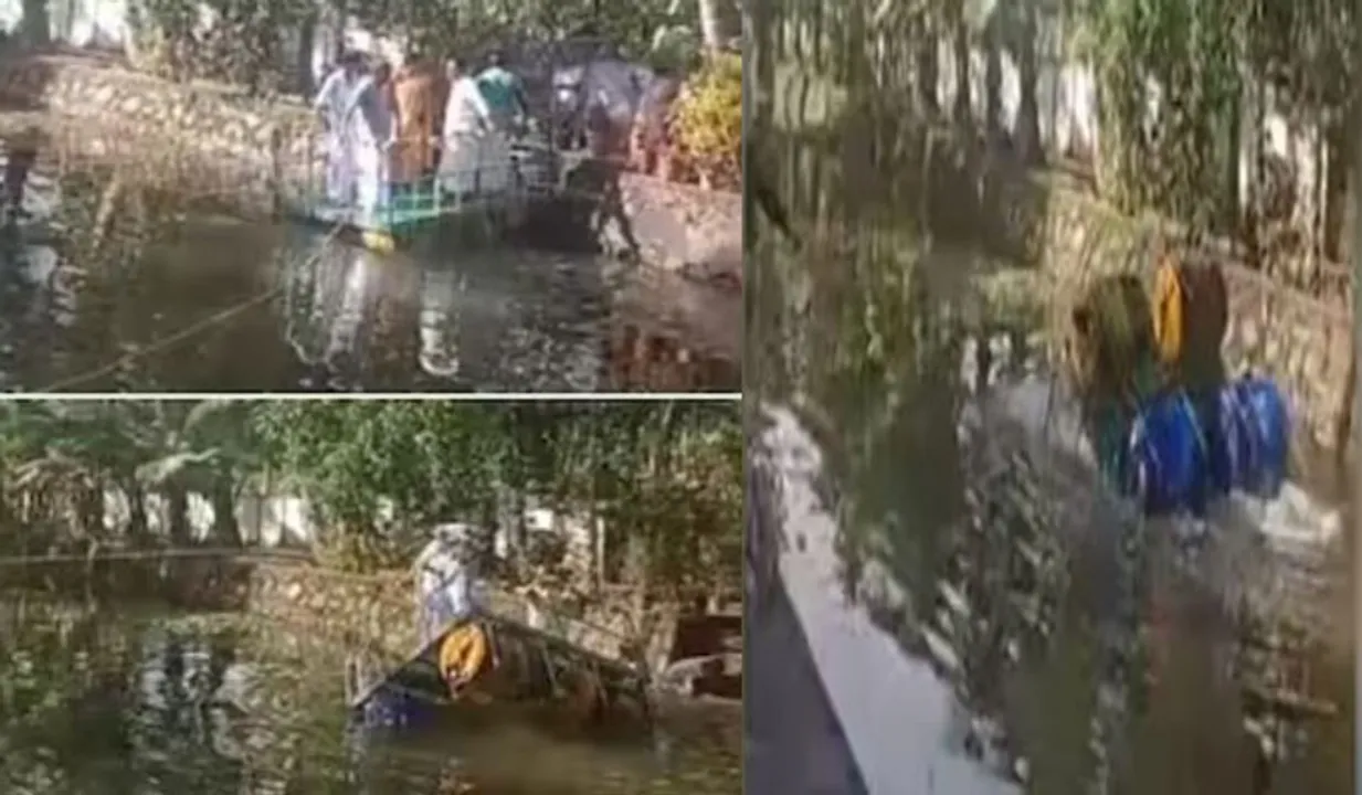 ആലപ്പുഴ കരുവാറ്റയില്‍ ഉദ്ഘാടന യാത്രയിൽ ചങ്ങാടം മറിഞ്ഞു; പഞ്ചായത്ത് പ്രസിഡന്‍റും വൈസ്പ്രസിഡന്‍റും നാട്ടുകാരും വെള്ളത്തിൽ