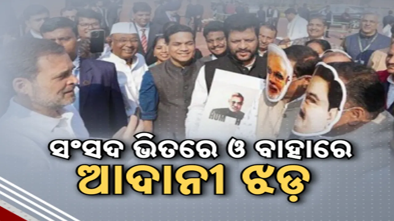  ସଂସଦରେ ଆଦାନୀ ତାତି ; କାର୍ଟୁନ ବ୍ୟାଗ ଧରି ହୋହାଲ୍ଲା କଲେ ବିରୋଧୀ