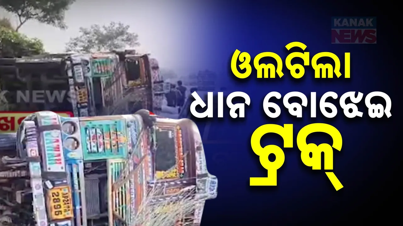  ଓଲଟିଲା ଧାନ ବୋଝେଇ ଟ୍ରକ୍ । ଡ୍ରାଇଭର ଓ ହେଲପର ଆହତ ।