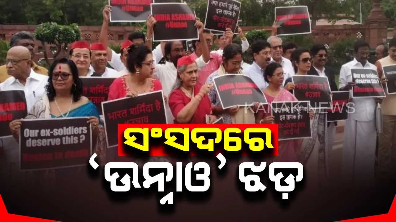  ଉନ୍ନାଓ ଦୁଷ୍କର୍ମ ପୀଡିତାଙ୍କ ଗାଡି ଦୁର୍ଘଟଣାକୁ ନେଇ ସଂସଦରେ ହଙ୍ଗାମା: ଗାନ୍ଧୀ ପ୍ରତିମୂର୍ତ୍ତି ତଳେ ପ୍ଲାକାର୍ଡ ଧରି ସାଂସଦଙ୍କ ବିରୋଧ ପ୍ରଦର୍ଶନ