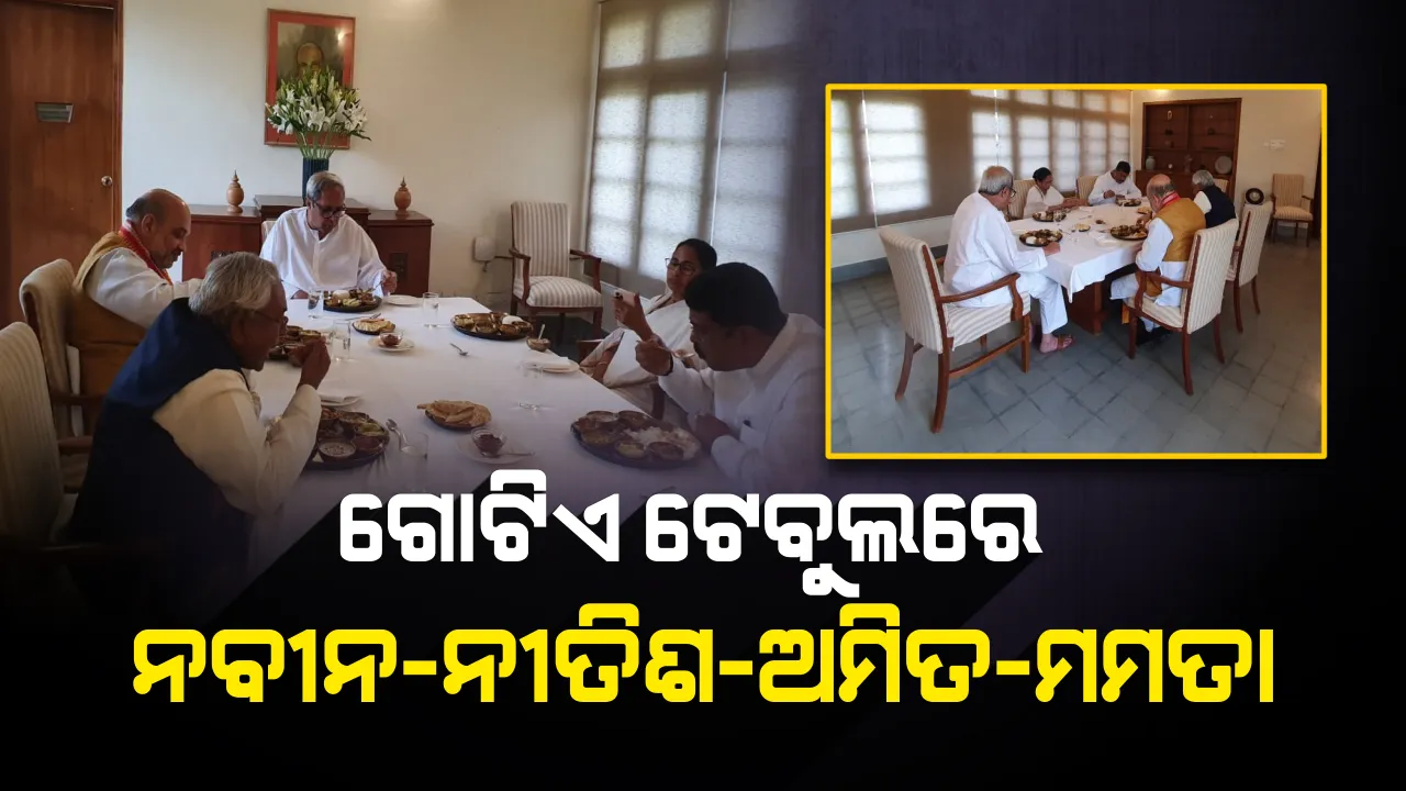  ନବୀନ ନିବାସରେ ଅତିଥିଙ୍କୁ ମଧ୍ୟାହ୍ନ ଭୋଜନରେ ଆପ୍ୟାୟିତ କଲେ ନବୀନ : ଗୋଟିଏ ଟେବୁଲରେ ଏକାଠି ହେଲେ ନବୀନ, ଶାହା, ମମତା ଓ ନୀତିଶ, ଓଡିଆ ଖାଦ୍ୟର ମଜା ନେଲେ ଅତିଥି
