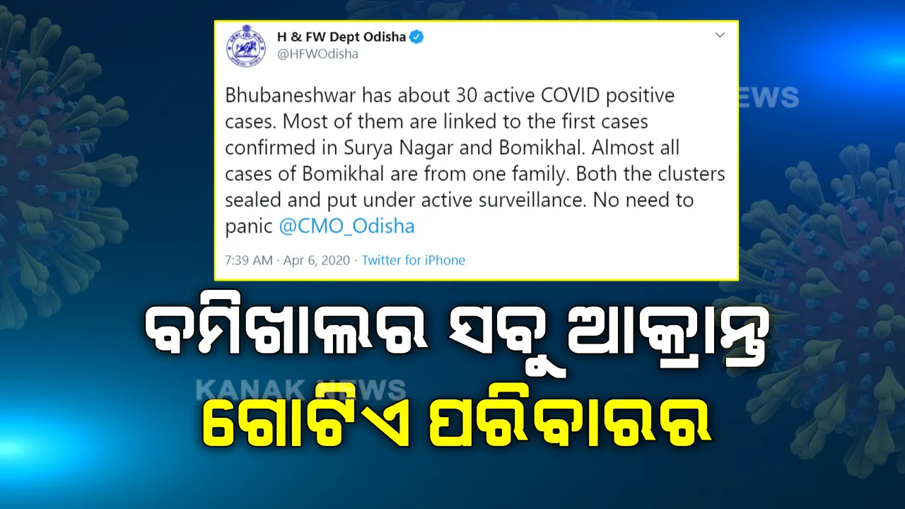  ବମିଖାଲର ସବୁ ଆକ୍ରାନ୍ତ ଗୋଟିଏ ପରିବାରର : ଭୁବନେଶ୍ୱରର କରୋନା ସ୍ଥିତି ନେଇ ରାଜ୍ୟ ସ୍ୱାସ୍ଥ୍ୟ ବିଭାଗର ଟ୍ୱିଟ୍
