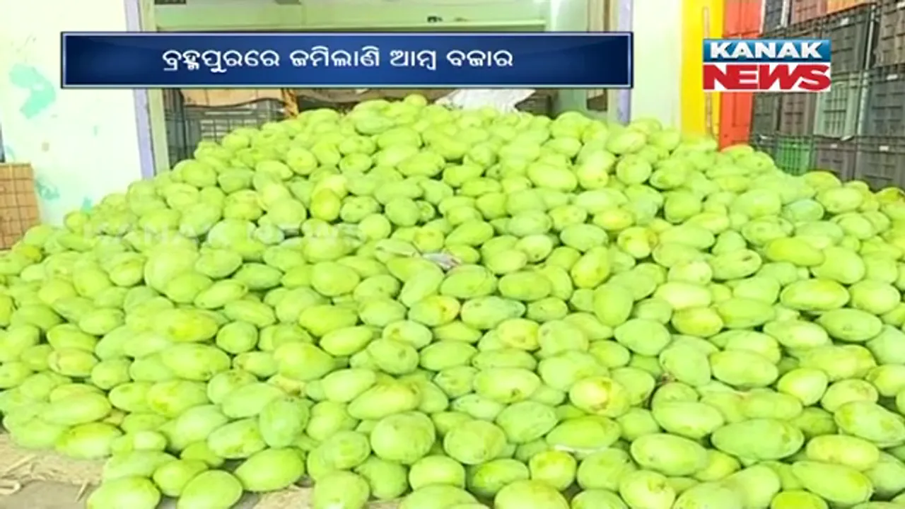  ବ୍ରହ୍ମପୁରରେ ଜମିଲାଣି ଆମ୍ବ ବଜାର । ଦୋକାନରେ ସୁନ୍ଦରୀ, ଠୁରୀ, ନଡିଆପରି ବିଭିନ୍ନ କିସମର ଆମ୍ବର ପସରା ।