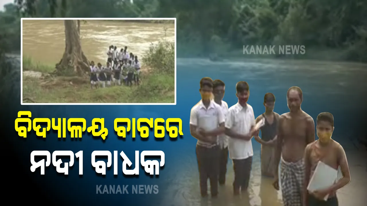  ଘର ଅନୁଗୁଳ ପାଲଲହଡାରେ, ସ୍କୁଲ କେନ୍ଦୁଝର ତେଲକୋଇରେ । ପ୍ରତିଦିନ ସ୍କୁଲ ଯିବା ବାଟରେ ବାଧକ ସାଜିଛି ନଦୀ ।