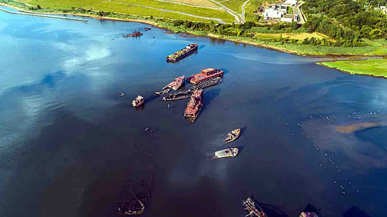  Staten Island Boat Graveyard. Aerial drone photo. 