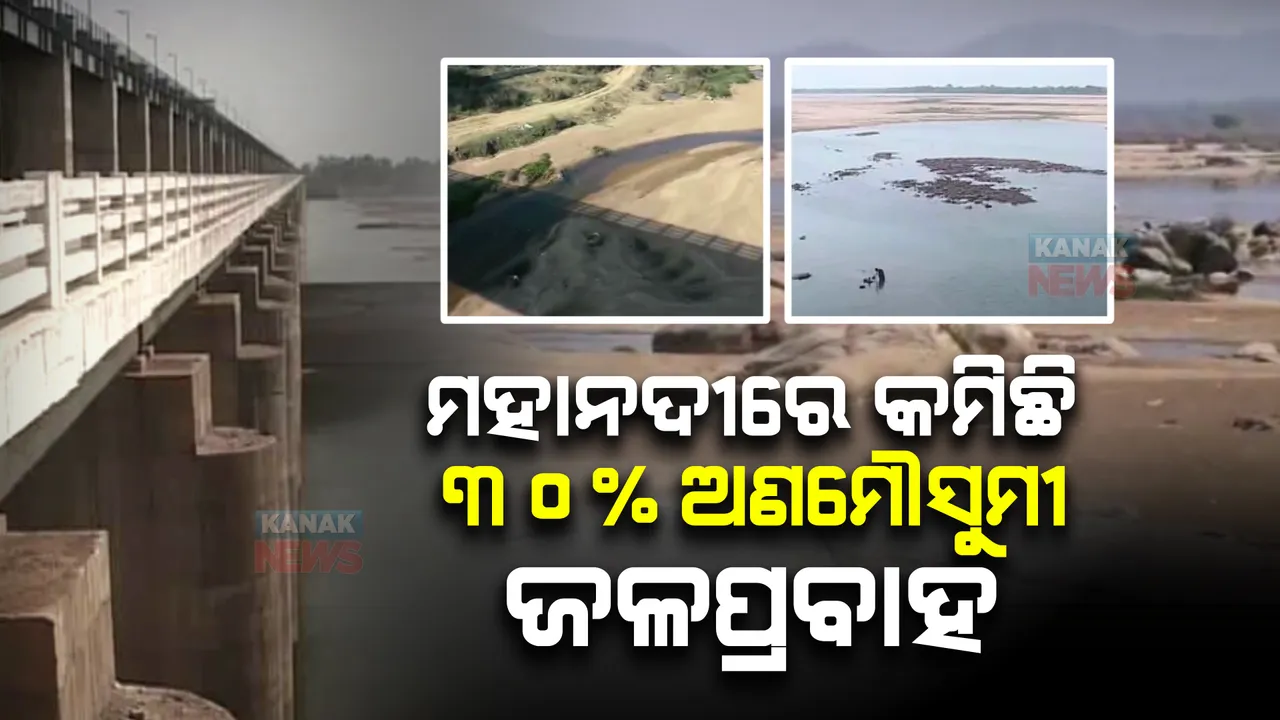  ମହାନଦୀରେ କମିଛି ୩୦ ପ୍ରତିଶତ ଅଣମୌମୁସମୀ ଜଳପ୍ରବାହ । ଶୁଖିଲା ପଡିଛି ଓଡିଶା ଭିତରେ ଥିବା ମହାନଦୀ ଗର୍ଭ, ଦେଖାଯାଉଛି ବାଲୁକା ଶଯ୍ୟା