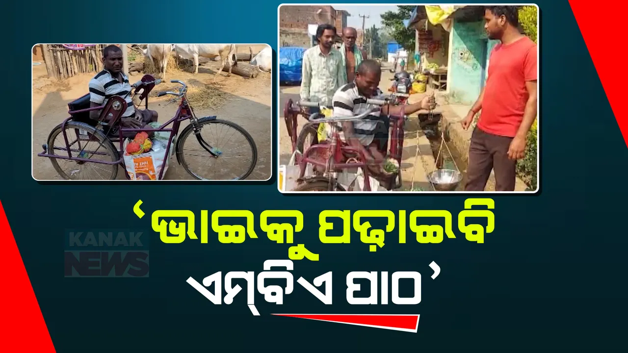  ଭାଇକୁ ଉଚ୍ଚ ଶିକ୍ଷିତ କରିବା ପାଇଁ ଦିବ୍ୟାଙ୍ଗ ବଡ ଭାଇଙ୍କ ସଂଘର୍ଷ । ଟ୍ରାଇ-ସାଇକେଲରେ ଗାଁକୁ ଗାଁ ବୁଲି ବିକୁଛନ୍ତି ପନିପରିବା