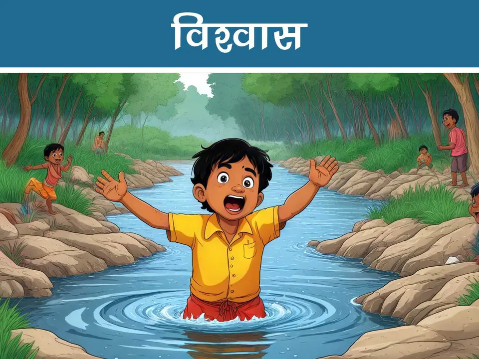 cartoon image of a boy drowning in river