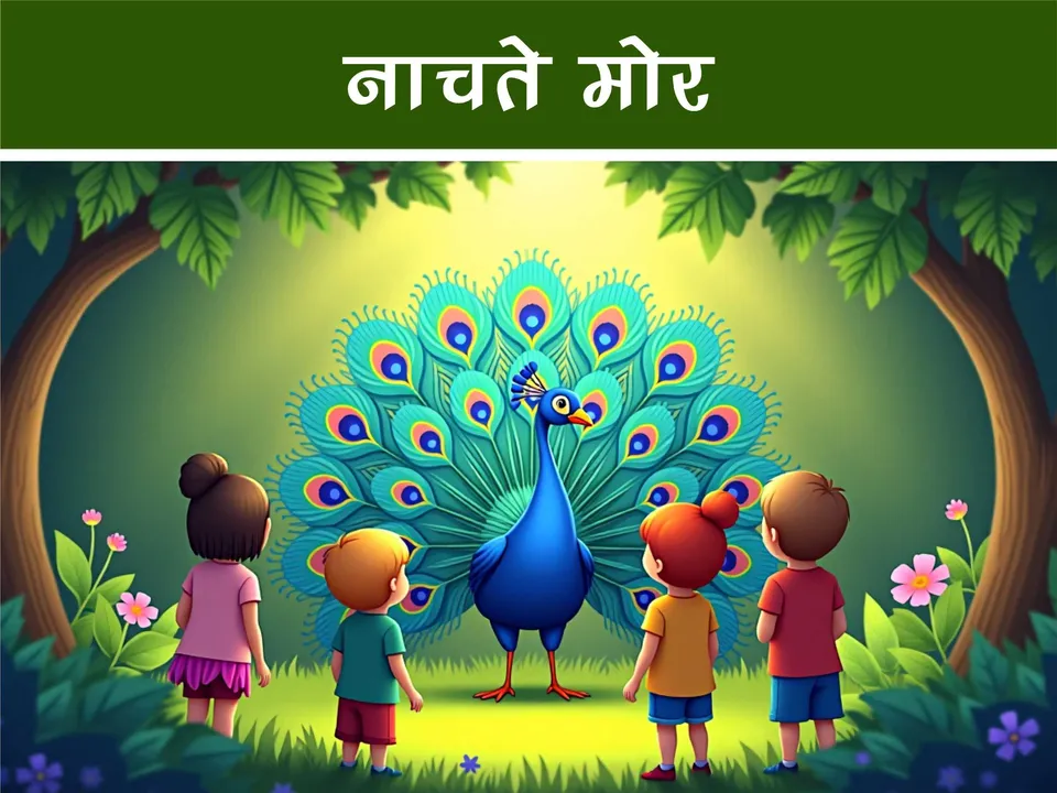 cartoon image of kids watching a dancing peacock