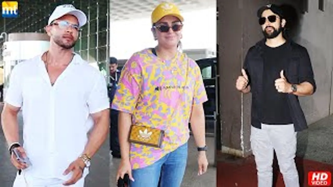 Huma Qureshi In Oversized T-shirt. Special Ops 1.5 Fame Aftab Shivdasani And Fitness Icon Sahil Khan At Airport