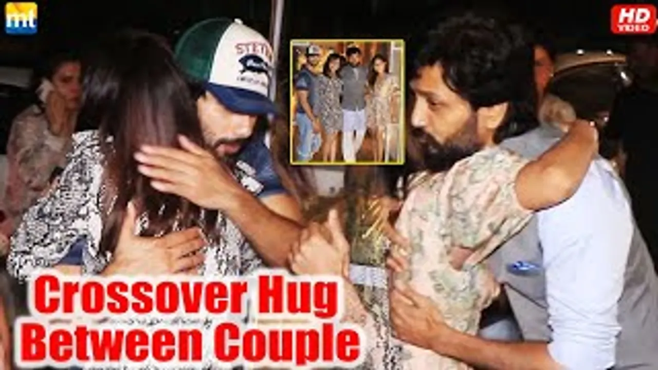Shahid Kapoor Hugs Ritiesh Deshmukh's Wife Genelia Deshmukh While Ritiesh Deshmukh Hugs Shahid Kapoor's Wife Mira Kapoor as they catch-up at dinner date