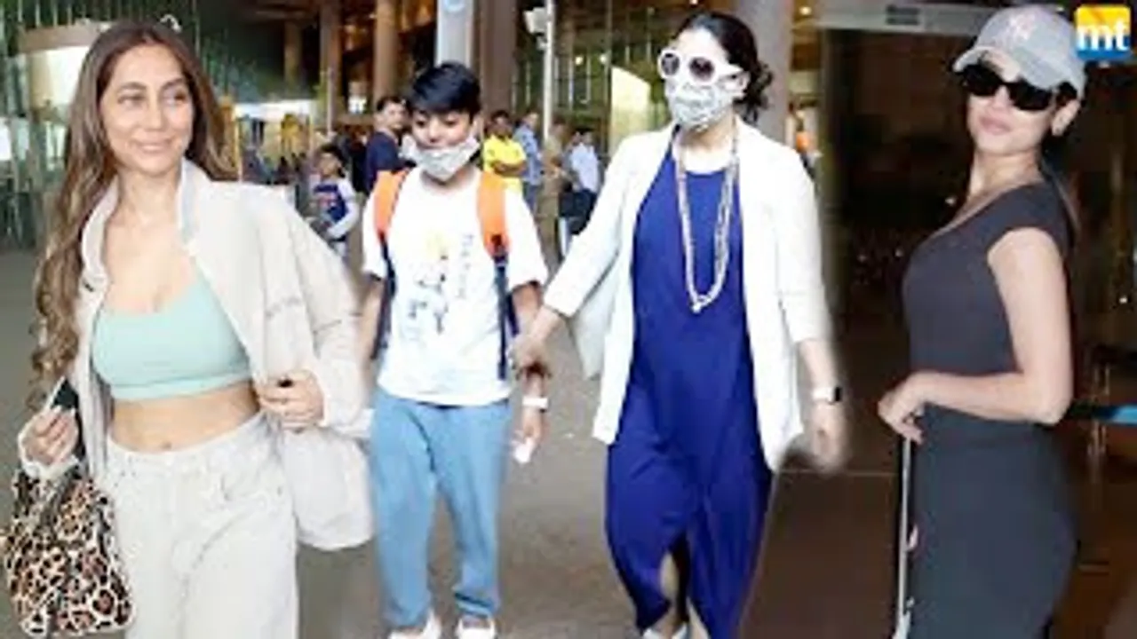 Kajol with Son Yug, Shibani Dandekar, Sonal Chauhan in black at airport