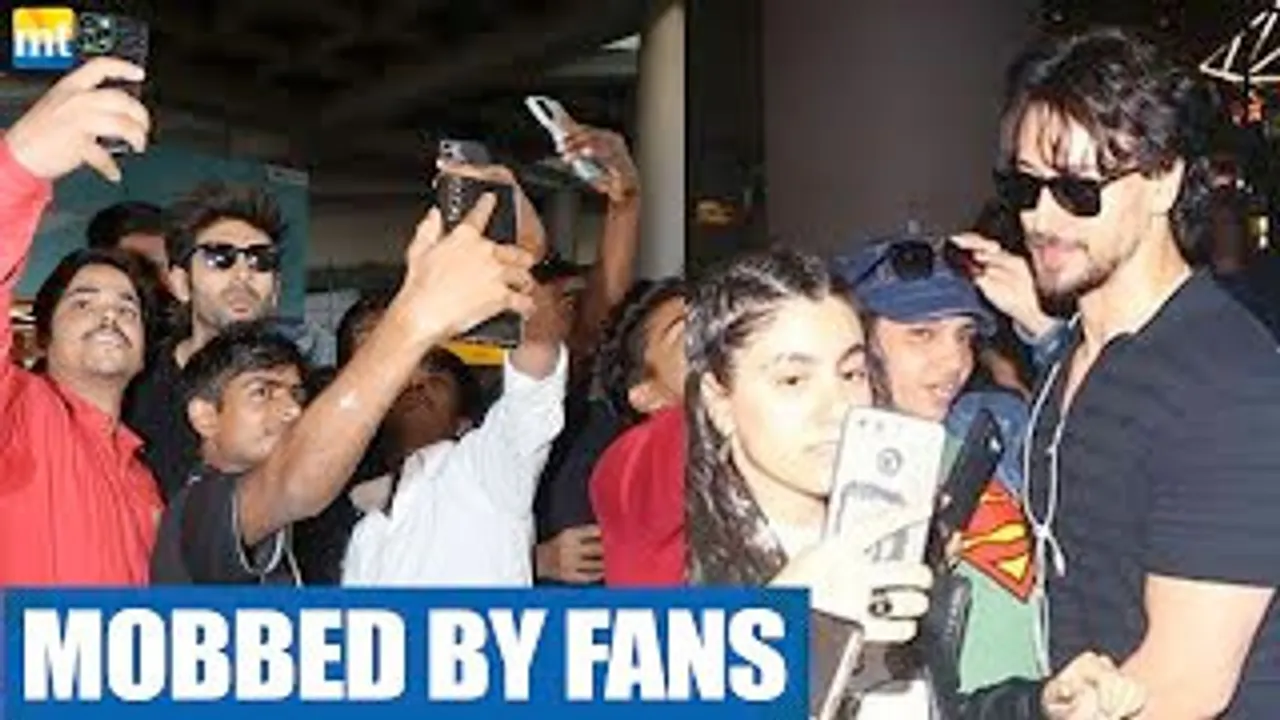 Chote Miyan Tiger Shroff & Shehzada Kartik Aaryan get MOBBED by Fans at Airport to take Selfie