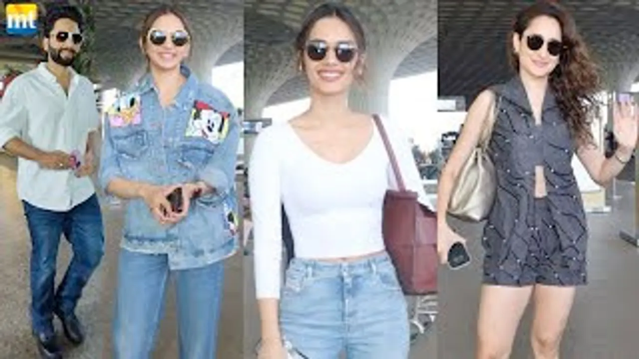 Rakul Preet Singh with her BF Jackky Bhagnani, Pragya Jaiswal, Manushi Chhillar, Archana Gautam at airport