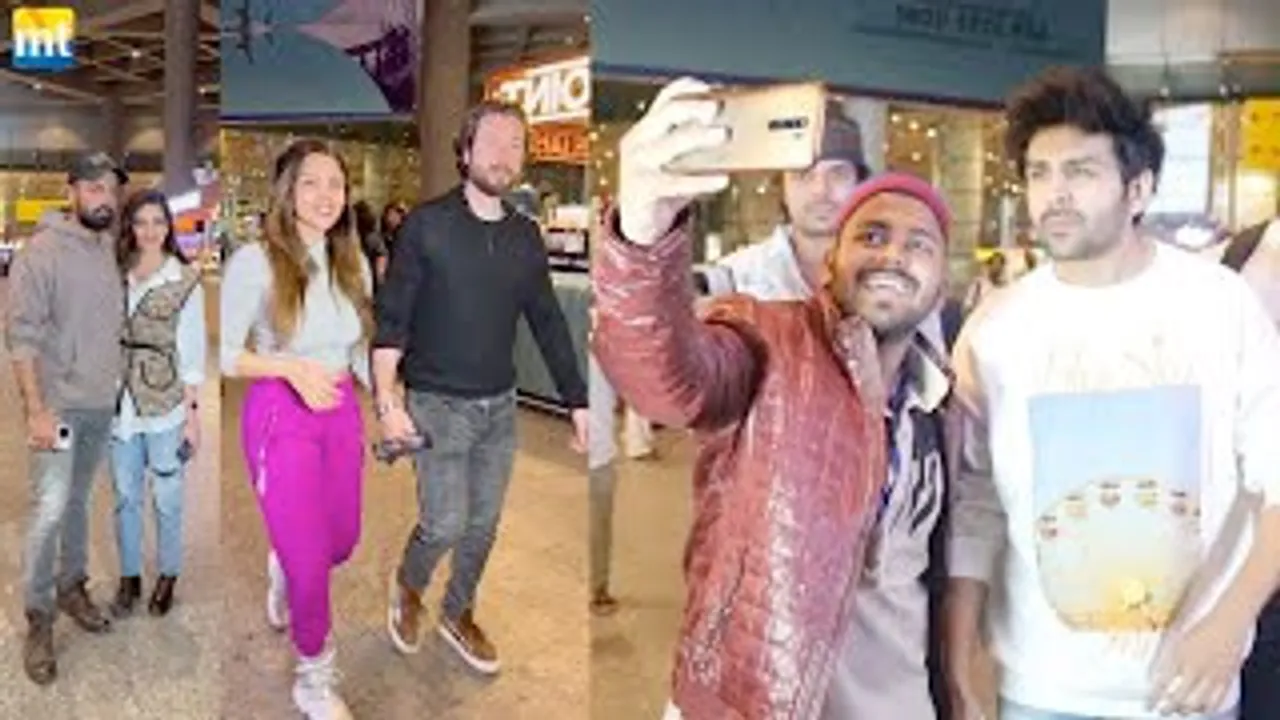 Shehzada Kartik Aaryan MOBBED by Fans to take Selfie; Karishma Tanna & Shama Sikander With Their Husbands At Airport