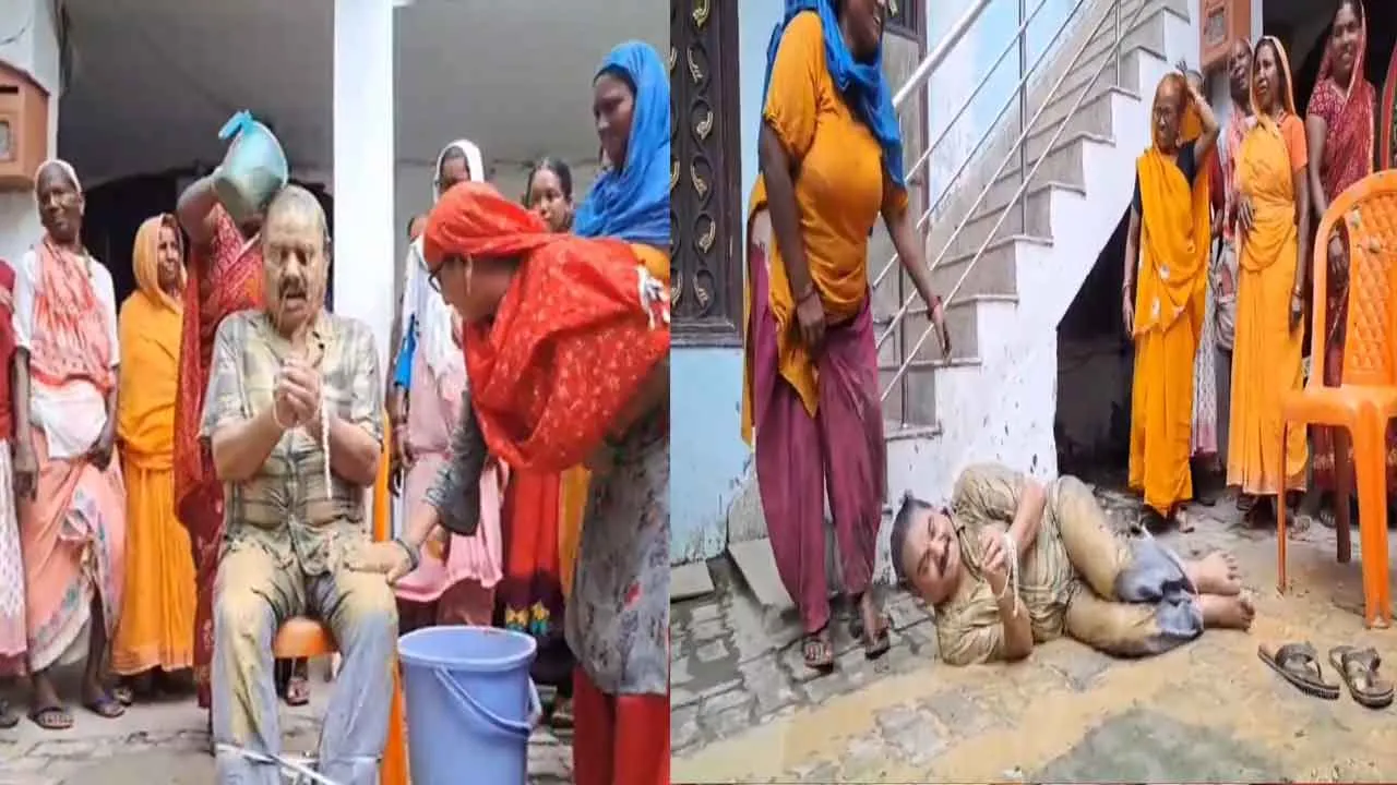  Women tied up BJP leader and made him bathe in mud pray for rain 