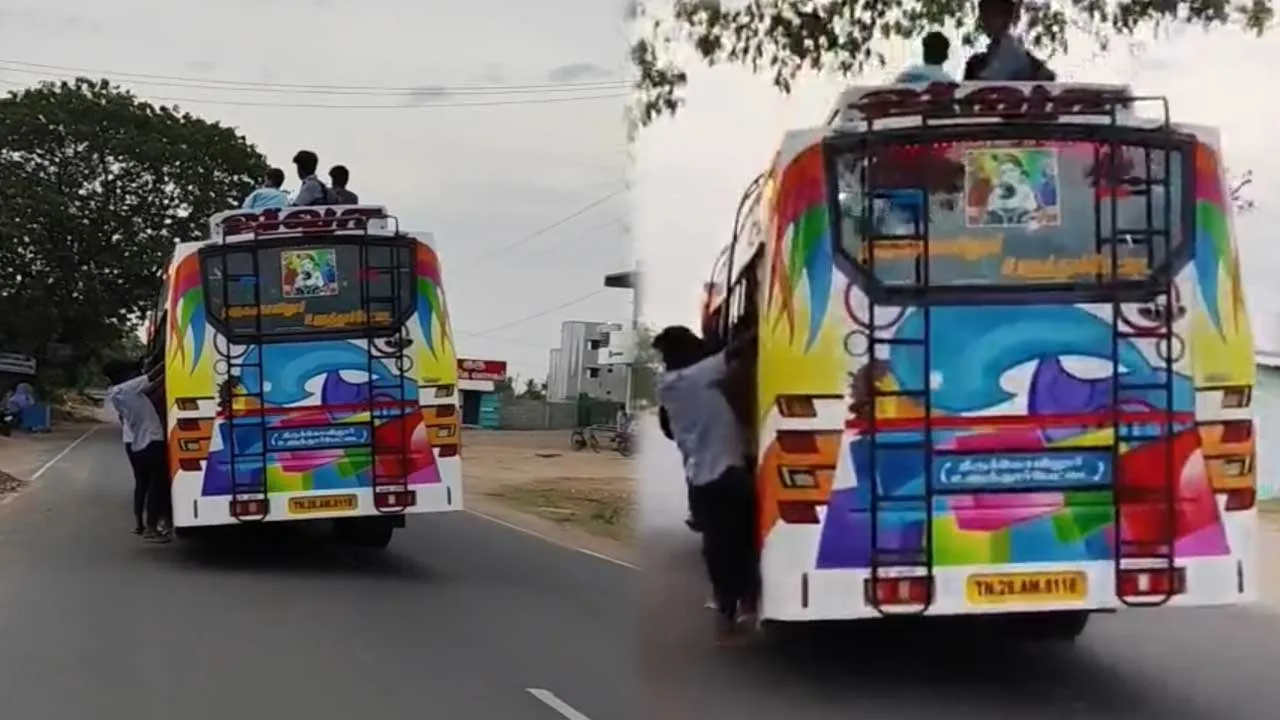  பேருந்தின் மேல் ஏறி ஆபத்தான முறையில் பள்ளி மாணவர்கள் பயணம்!