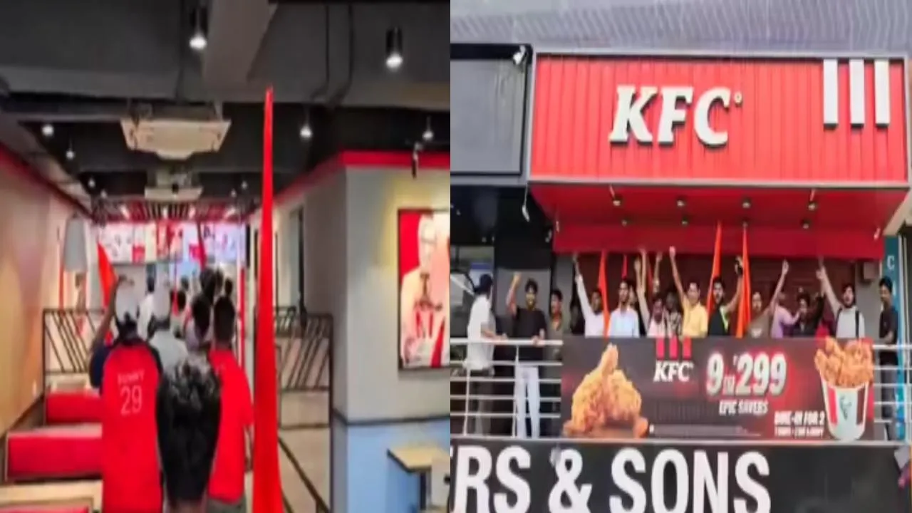  Hindu organizations protest by closing down KFC store for served Non-vegetarian food in uttar pradesh 