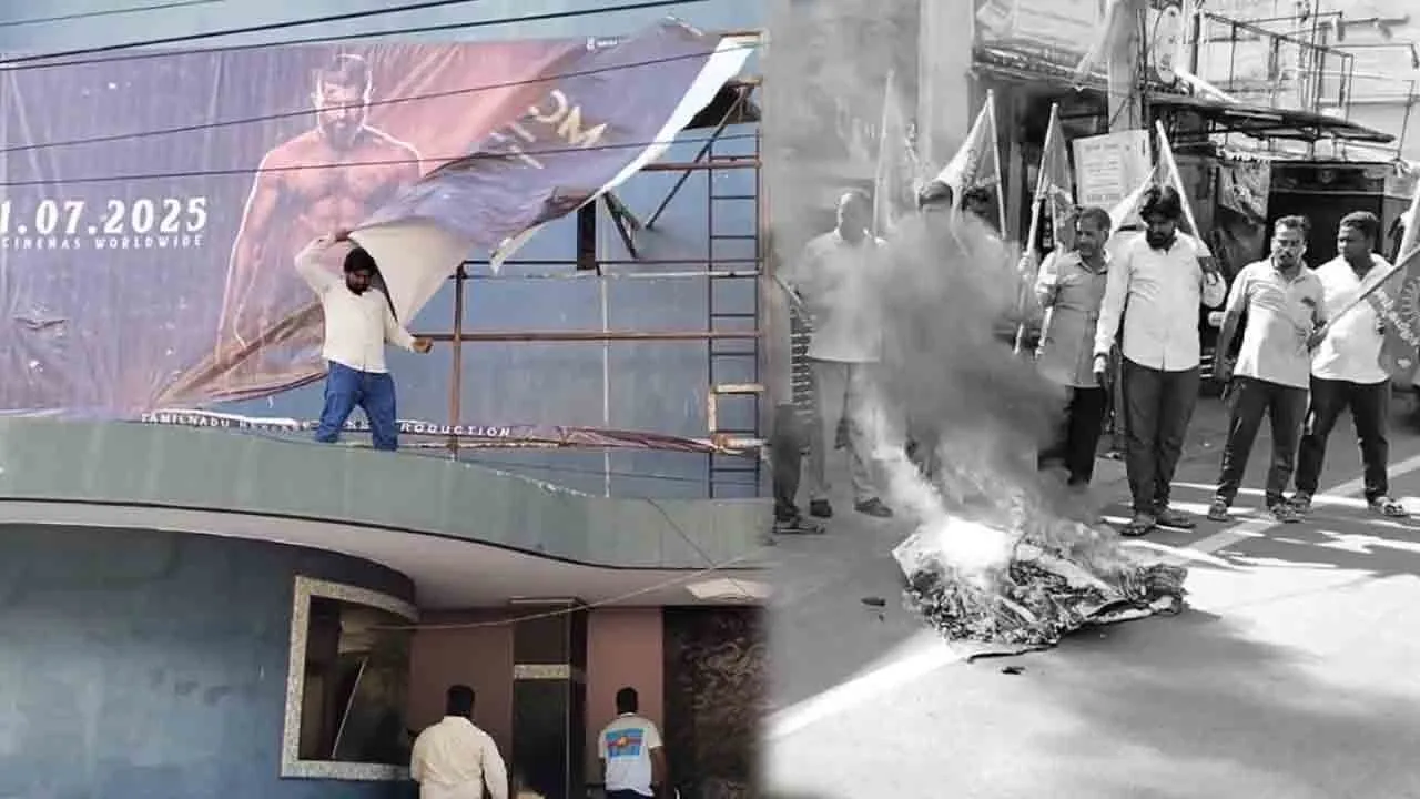  'கிங்டம்' படத்துக்கு எதிர்ப்பு; பேனரை கிழித்து நாம் தமிழர் கட்சியினர் போராட்டம்!