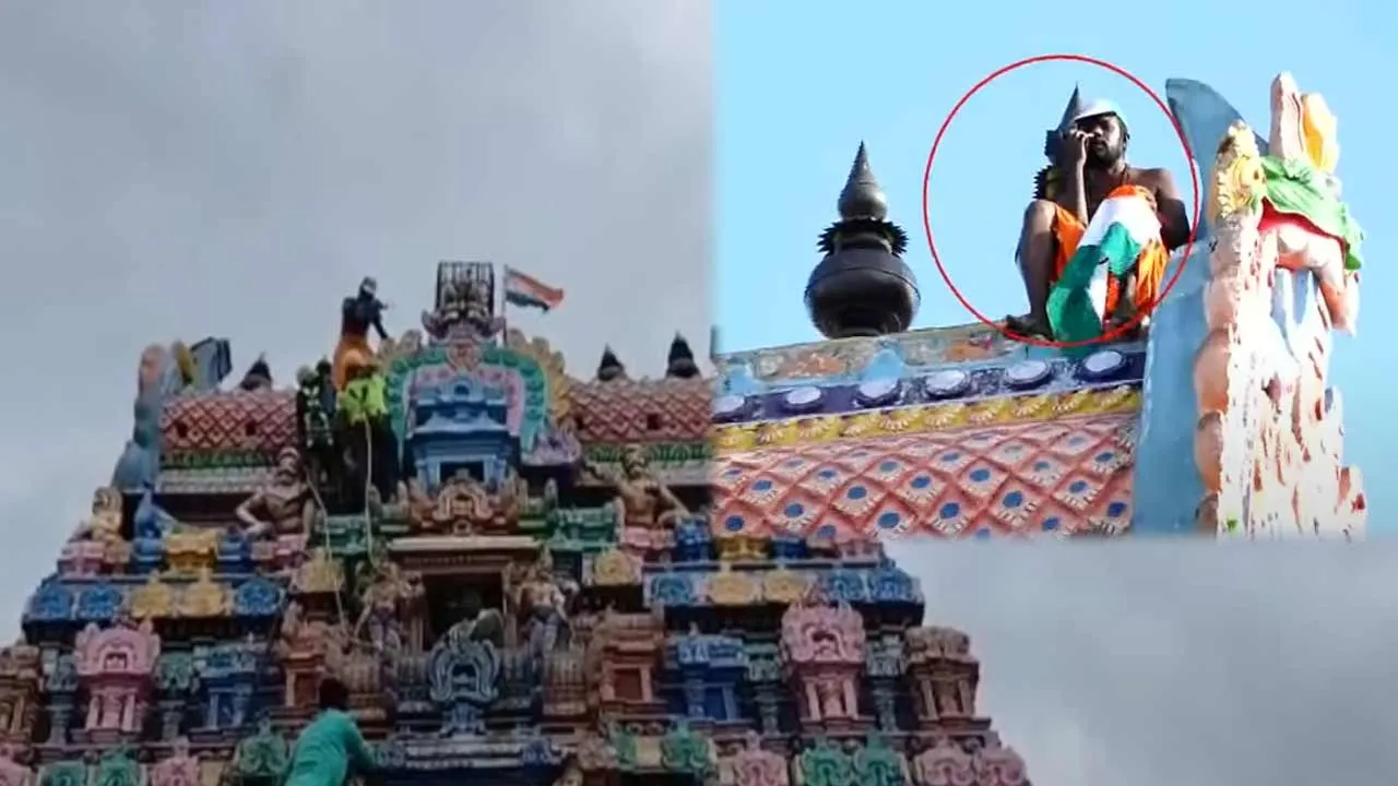  Protest by climbing the temple tower - social activist dies after falling down Photograph: (pudukottai) 