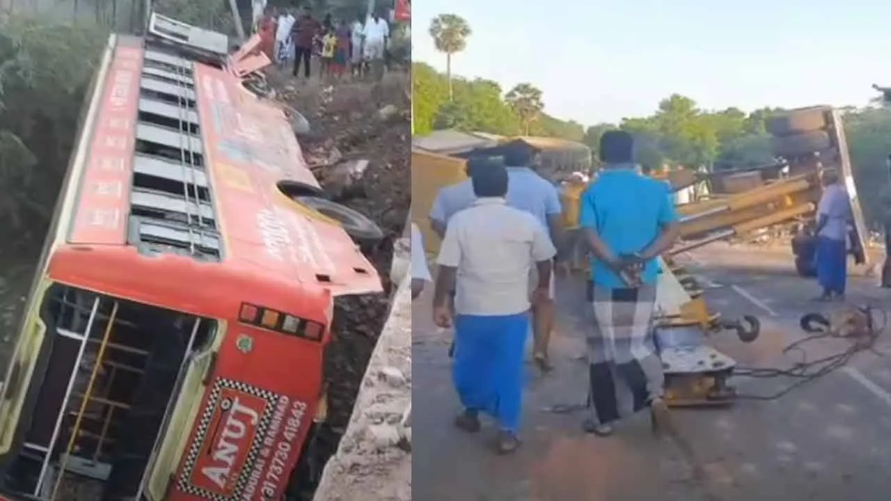  A crane that was trying to rescue an overturned government bus also overturned and caused an accident Photograph: (BUS) 