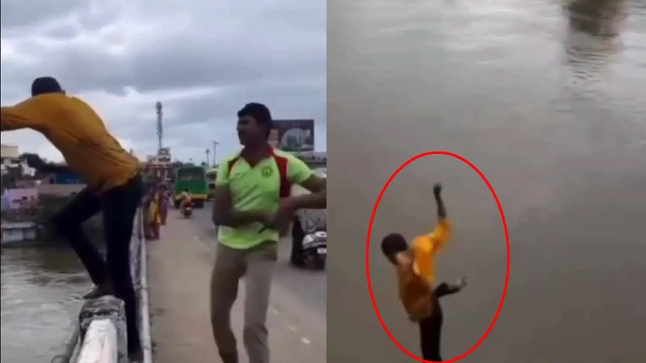  அந்தரத்தில் அட்ராசிட்டி; போலீசின் திடீர் என்ட்ரி - ஆற்றில் குதித்துத் தப்பி இளைஞர்!