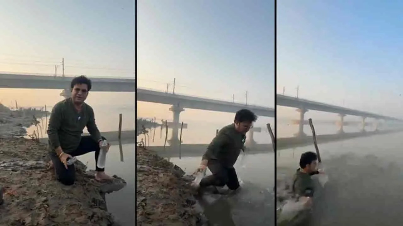  BJP MLA falls while taking reels at Controversial Yamuna water issue 