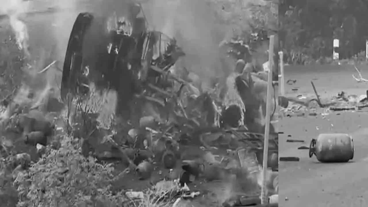  சிலிண்டர்கள் ஏற்றி வந்த லாரியில் பயங்கர தீ விபத்து!