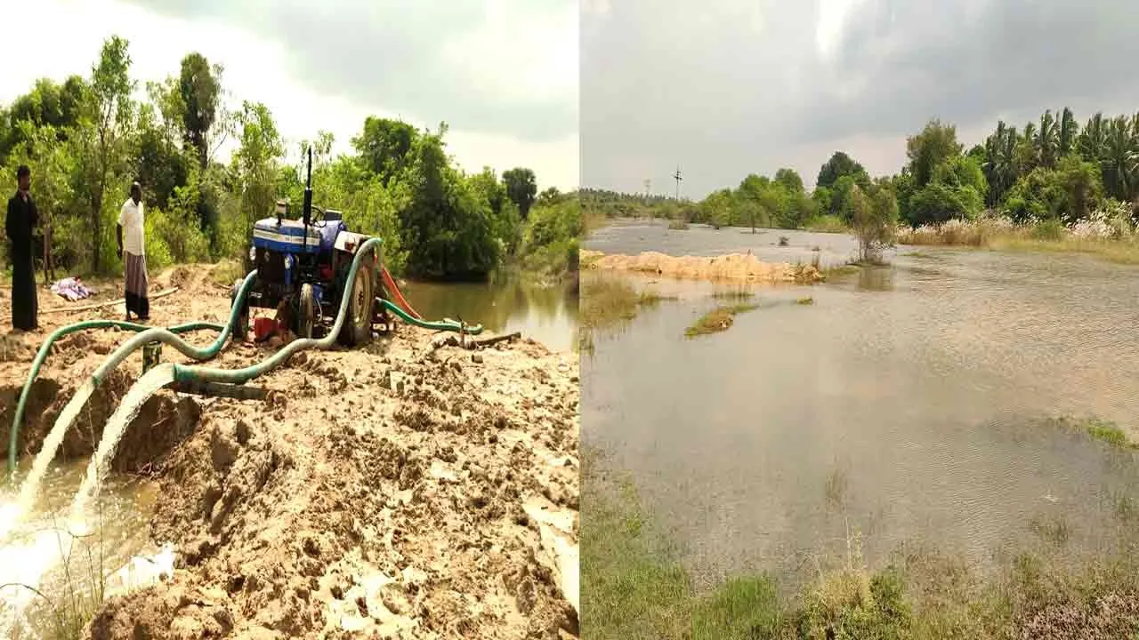 Farmers building dam and filling the lake with water using a motor 