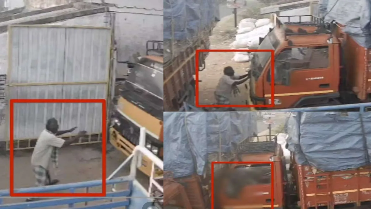 Self-driving lorry; CCTV footage reveals the tragedy that befell the elderly man who tried to stop it Photograph: (thiruvannamalai) 