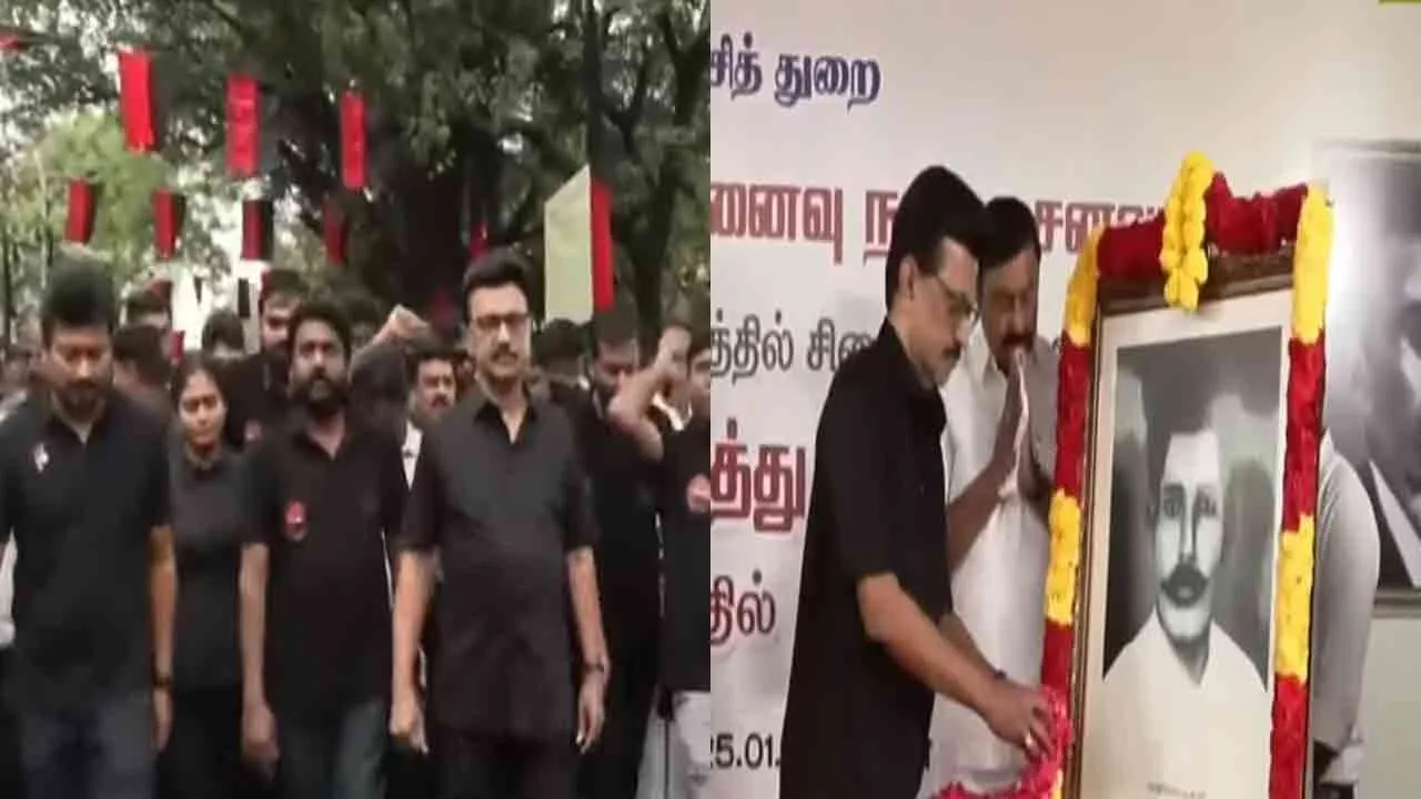  Chief Minister M.K. Stalin paid floral tributes to the portraits of language martyrs 