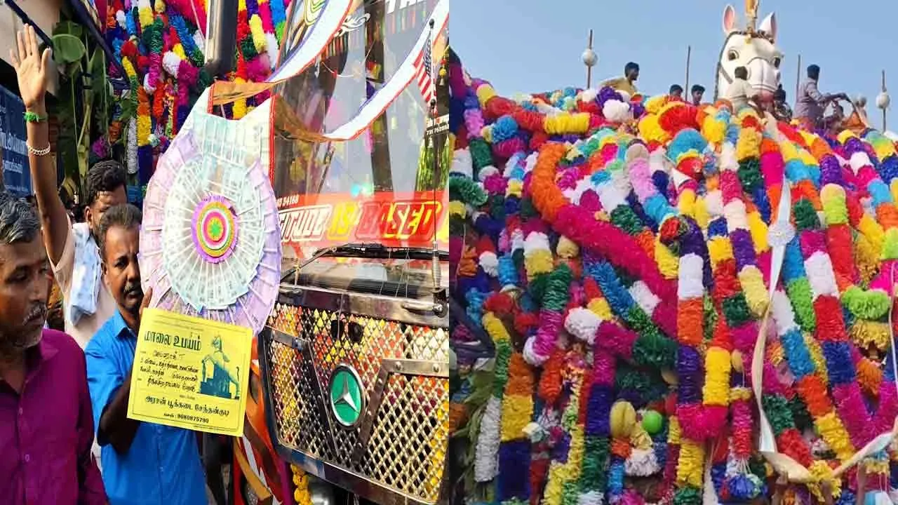  A devotee adorned 35-foot tall horse statue of Ayyanar Temple garland Rs. one lakh 
