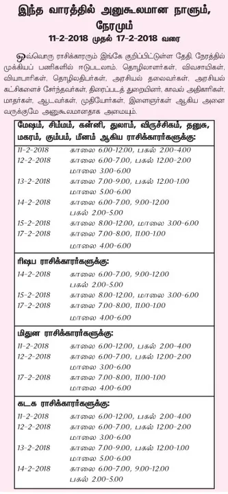  இந்த வாரத்தில் அனுகூலமான நாளும்,நேரமும் 11-2-2018 முதல் 17-2-2018 வரை