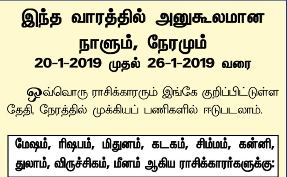  இந்த வாரத்தில் அனுகூலமான நாளும், நேரமும் 20/1/2019 முதல் 26/1/2019 