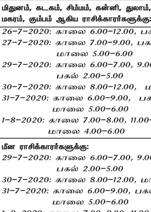  இந்த வாரத்தில் அனுகூலமான நாளும் நேரமும் 26-7-2020 முதல் 1-8-2020 வரை 	