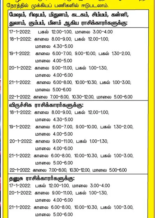  இந்த வாரத்தில்  அனுகூலமான  நாளும், நேரமும் 16-1-2022 முதல் 22-1-2022 வரை