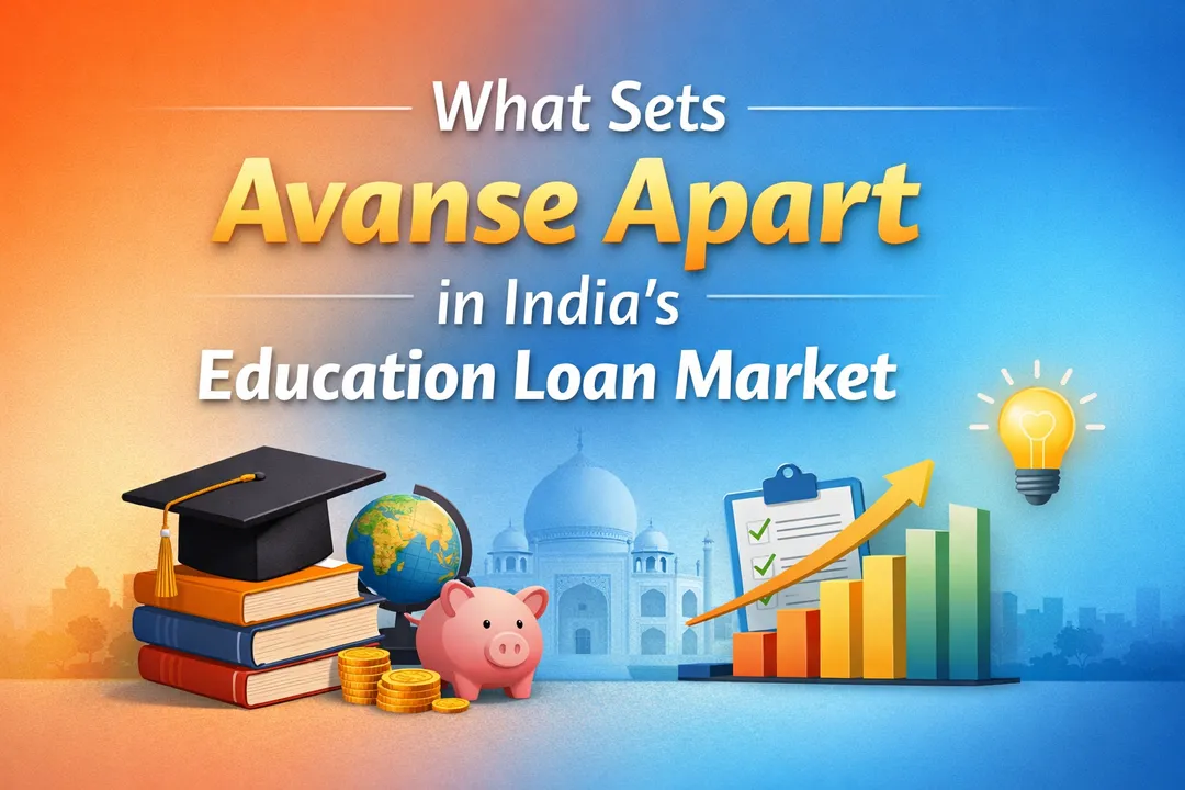 Student with laptop reviewing personalised Avanse education loan terms for overseas master's program with tuition/living cost breakdown