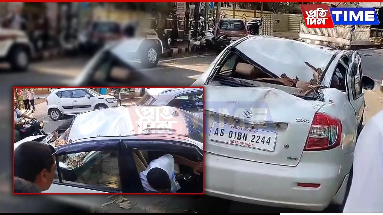 Guwahati: Massive Tree Branch Falls on Moving Car Near Dighalipukhuri
