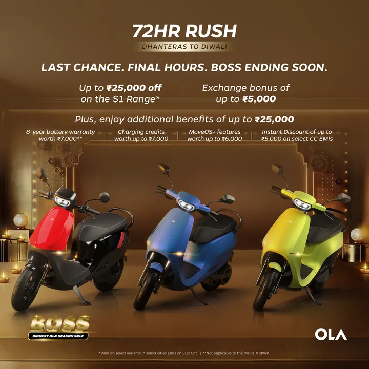  Ola Electric launches “72 hours Rush” with discounts up to ₹55,000 on S1 portfolio