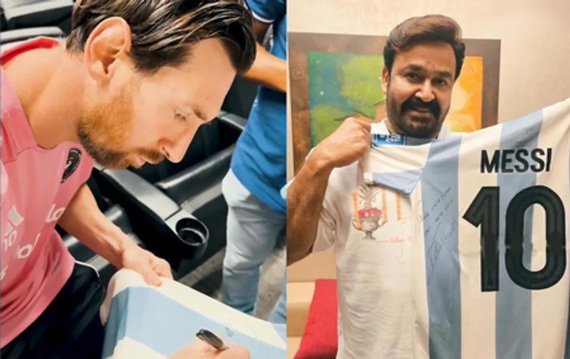  Mohanlal's heart skips a beat as he receives a jersey signed by Lionel Messi