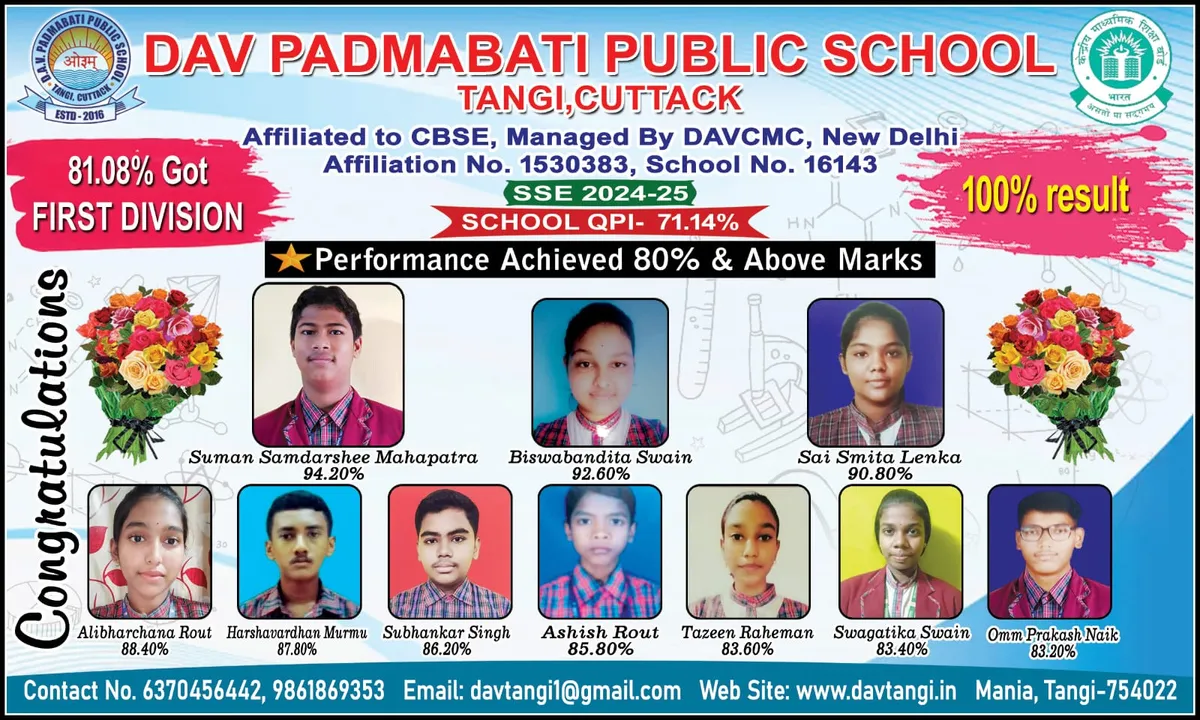  DAV Padmabati Public School, Tangi, Cuttack excels in Class X CBSE results with 100% pass percentage