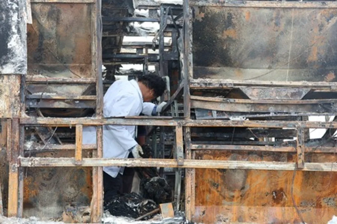  Preliminary investigations also suggest that the fire started under the front section of the bus after it hit a bike.  